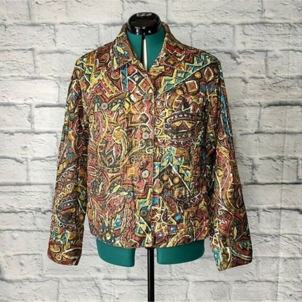 CHICOS vintage abstract print southwestern button front Jacket Sz 2(L)